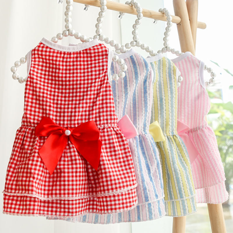 清仓狗狗裙子蝴蝶结礼服婚纱春夏秋新款格子宠物猫咪衣服条纹博美