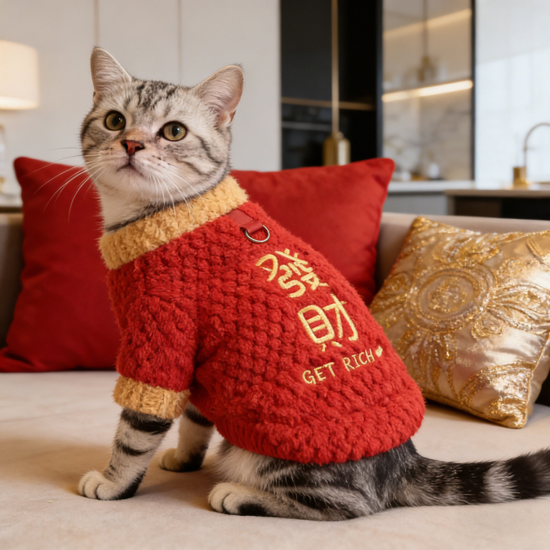宠物猫咪衣服冬季加厚新年保暖加猫宠物服装/雨衣（新