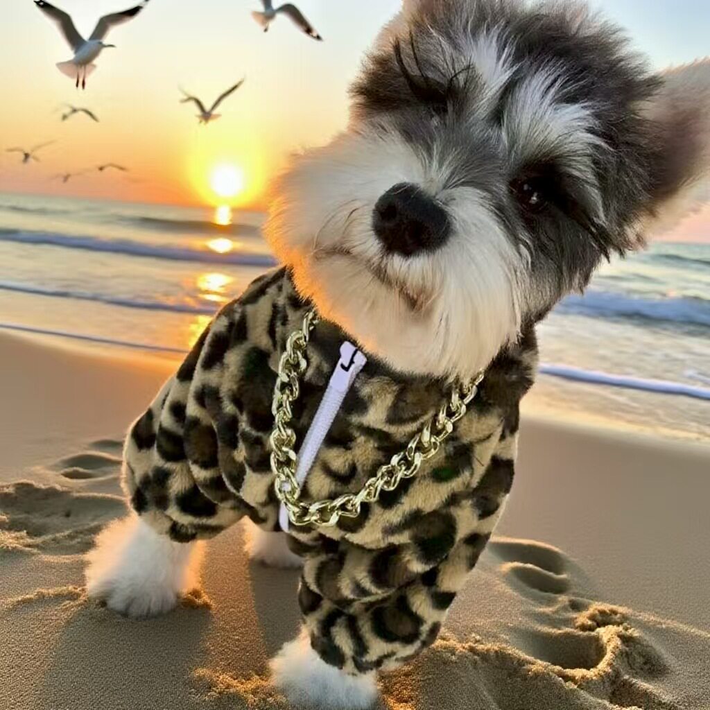 宠物衣服中小型犬皮草秋冬款豹纹加厚外套保暖衣帅气潮牌狗狗衣服