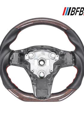 适用于特斯拉Model 3 Y 红色碳纤维黑色打孔皮红色缝线方向盘改装