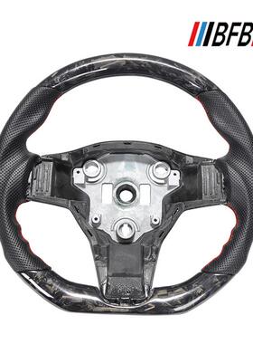 适用于特斯拉Model 3 Y 大理石锻造黑色打孔皮红色缝线方向盘改装