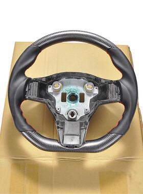 适用于特斯拉Model 3 Y哑光黑色碳纤维黑色皮红色缝线方向盘改装