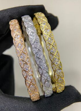 18K包金coco菱格纹手镯女满钻半斜钻宽窄版情人节生日礼物送女友