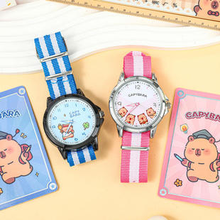 卡通可爱趣味卡皮巴拉手表惊喜盒高颜值帆布带石英表准时走针手表