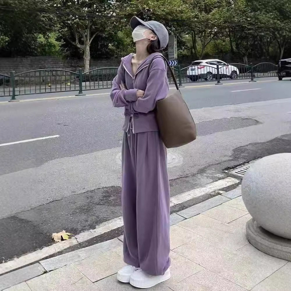 盐系休闲运动服套装女春秋港风复古宽松显瘦连帽卫衣时尚两件套