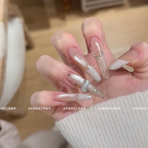 【柏林少女】锆石钻法式ins风显白纯手工穿戴甲长款猫眼美甲贴片