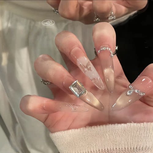 【浮光之蝶】纯手工梦幻甜欲风朦胧蝴蝶影裸色猫眼碎钻亮片穿戴甲