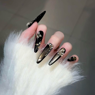 纯手工美甲穿戴甲秋冬显白气质奢华感黑金爆闪甲片 暗夜精灵