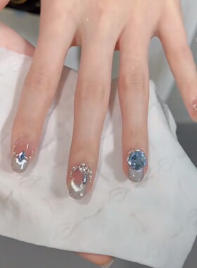 【蓝色啵啵】纯手工穿戴甲微笑猫眼法式美甲K9闪钻日常短款