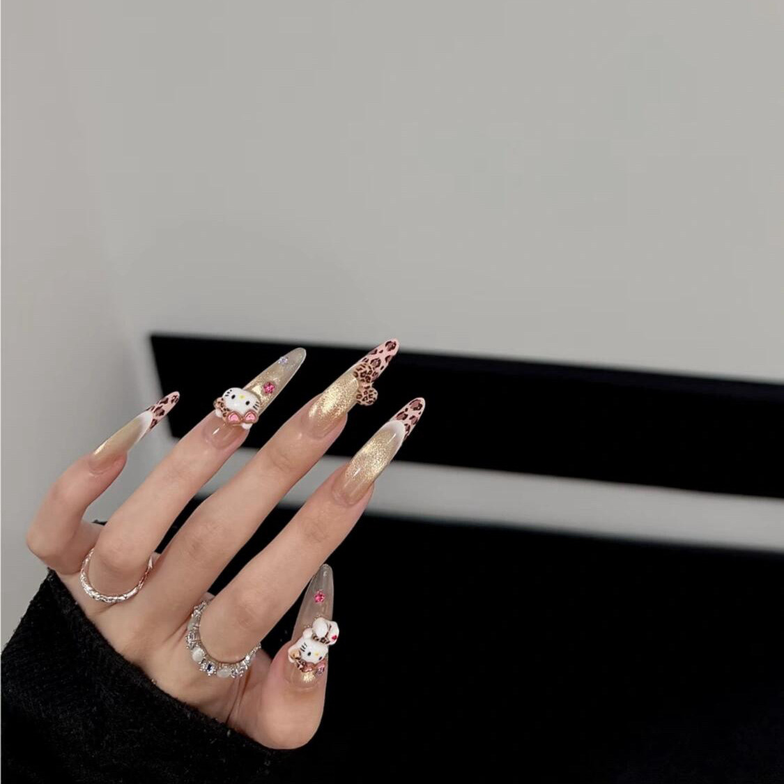 【甜酷喵小姐】纯手工穿戴甲 金光猫眼美拉德Kitty猫穿戴甲美甲贴,彩妆/香水/美妆工具,穿戴甲/甲片,淘宝优惠券,粉丝福利购,淘宝优惠卷