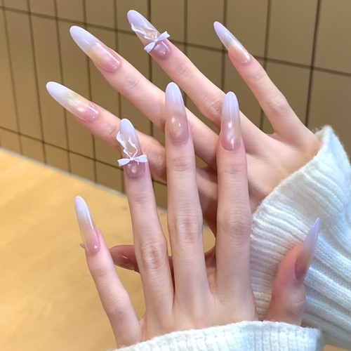 绝美紫罗兰纯手工法式渐变蝴蝶结立体爱心美甲温柔高级百搭穿戴甲