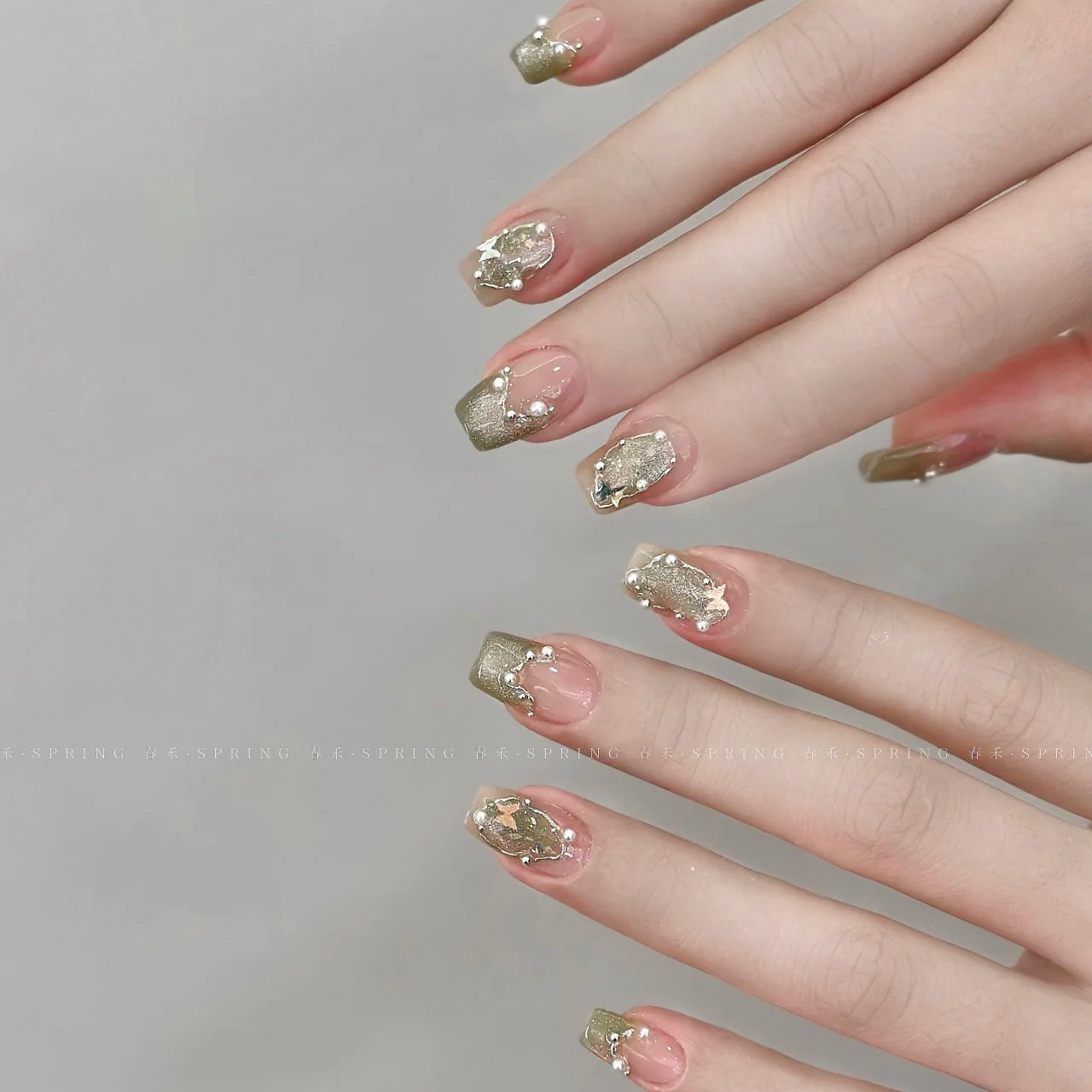 茉莉奶绿复古气质冰透显白氛围感蝴蝶法式美甲纯手工穿戴甲