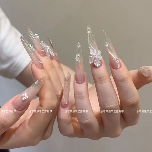 纯手工简约蝴蝶结飘带猫眼白色美甲雕冰花立体显白纯欲风爆款美甲