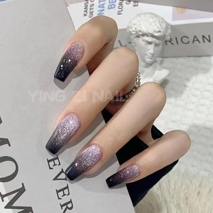 甜酷猫眼穿戴甲女纯手工光疗假指甲爆闪银河系渐变猫眼美甲假指甲