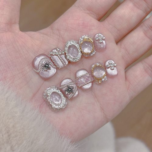 梦幻新年穿戴甲纯手作捏捏玻璃球高级感可拆卸短款猫眼美甲甲片