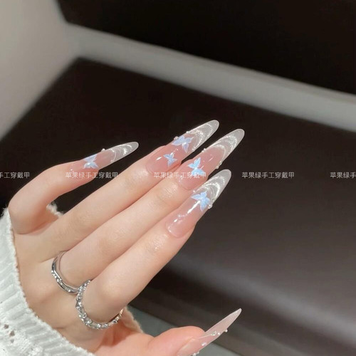 【浮生】秋冬纯手工穿戴甲温柔裸色微笑猫眼法式美甲蝴蝶指甲片