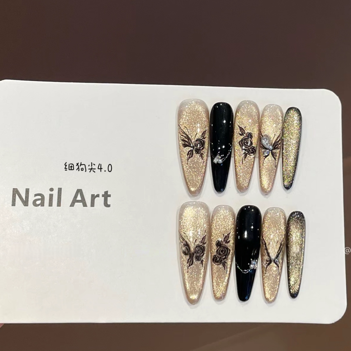 【花墨染】纯手工国风墨竹新中式爆闪黑金猫眼蝴蝶贴钻复古穿戴甲
