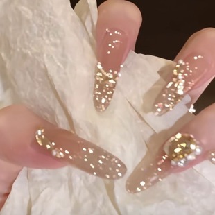 高品质冰茶香槟钻爆闪碎钻千金美甲纯手工穿戴甲282款 梦巴黎