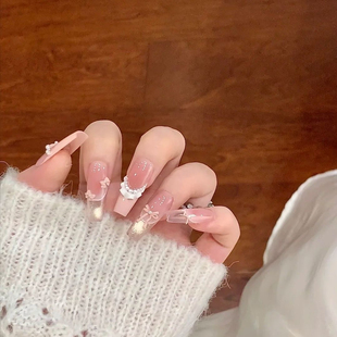 纯欲风新款 美甲粉糯奶芙甜美少女心可爱纯手工穿戴甲百搭婚甲轻奢