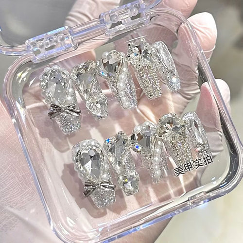 纯手工穿戴甲手工美甲穿戴甲贴成品新娘甲爆闪满钻珍珠蝴蝶可