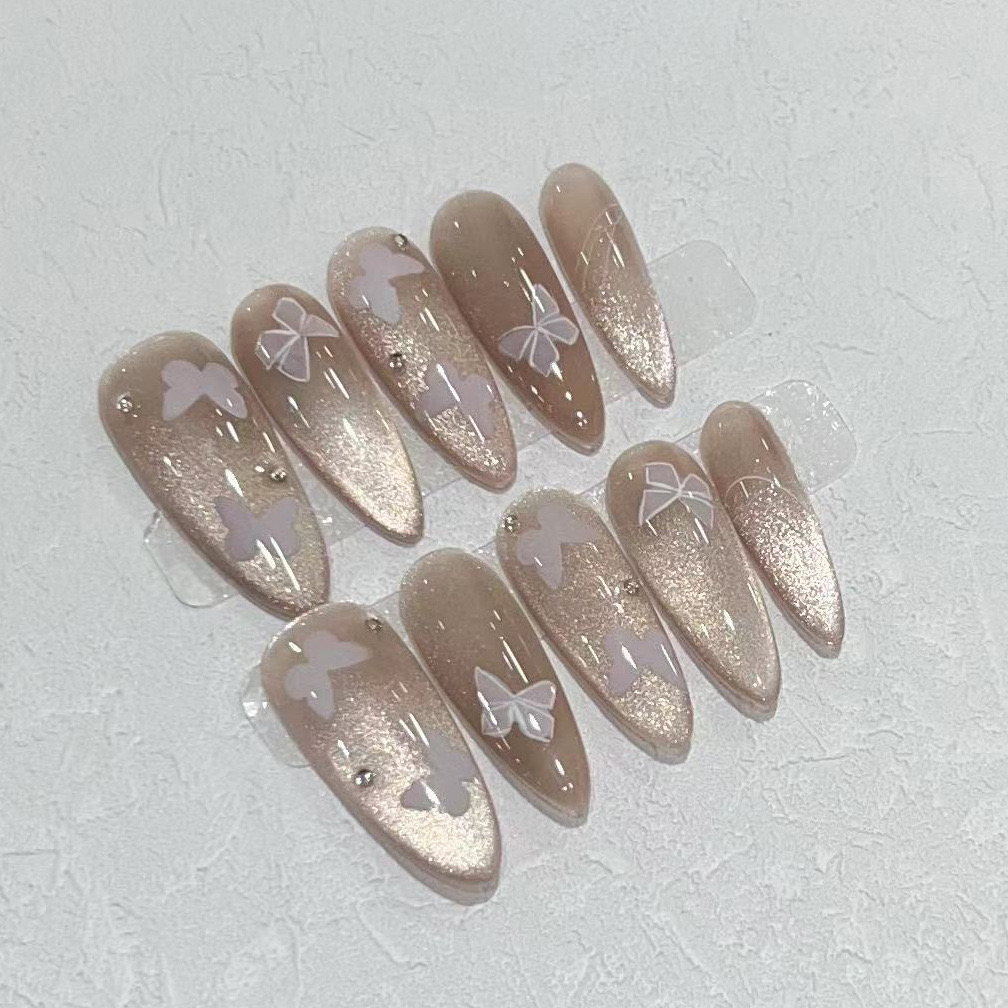 仙气春夏新款纯欲风手作穿戴甲贴片高级灯泡猫眼蝴蝶水滴长甲美甲