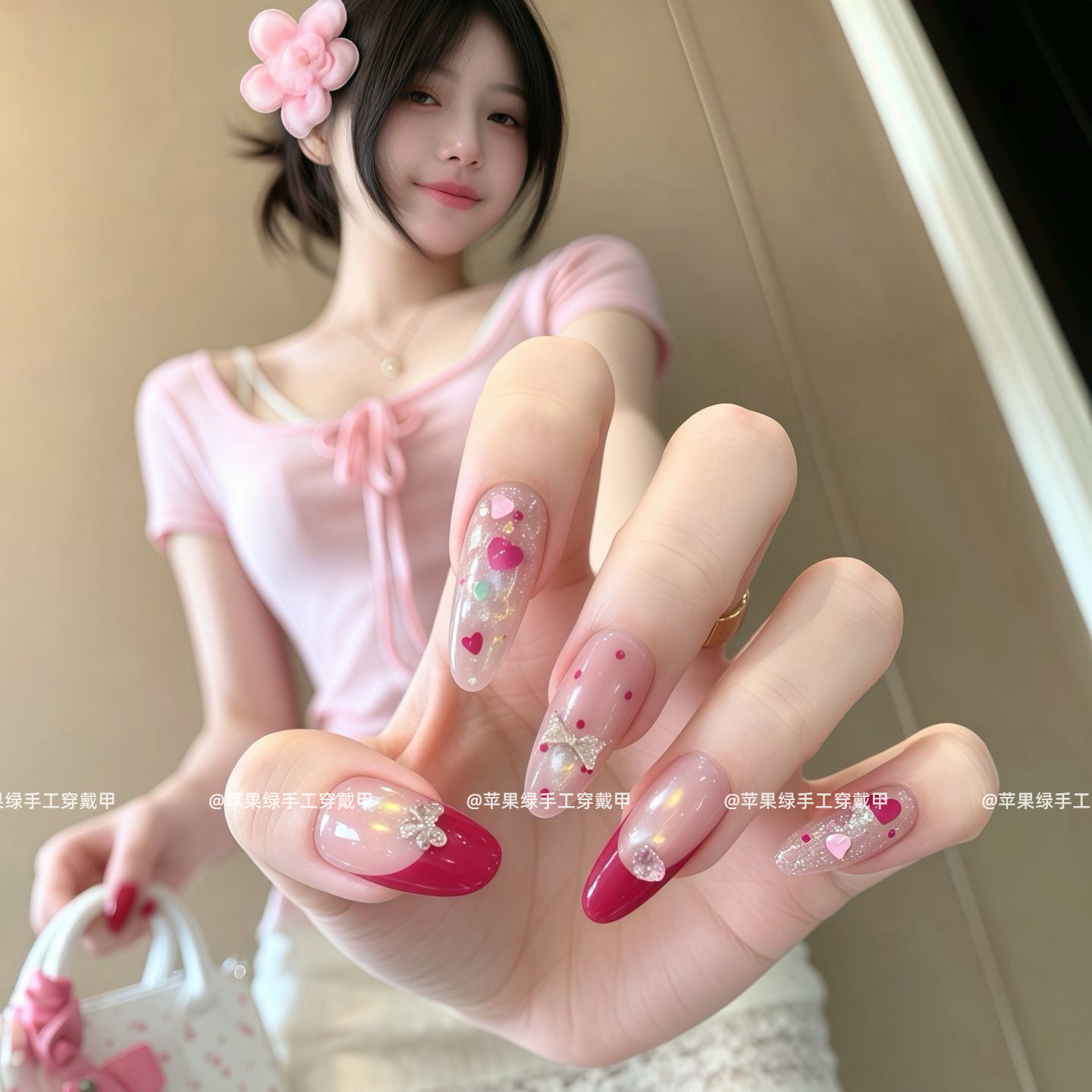 【莓莓派对】纯手工高级锆石少女心甜美猫眼裸色火龙果色穿戴甲
