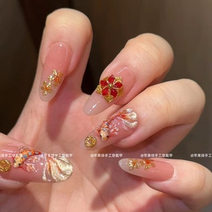 2025新年锦鲤手工穿戴甲国风掐丝珐琅立体雕花美甲新中式 显白甲片