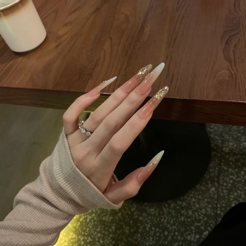 纯手工纯欲风春夏晕染腮红薄荷绿渐变闪钻温柔气质显白美甲穿戴甲