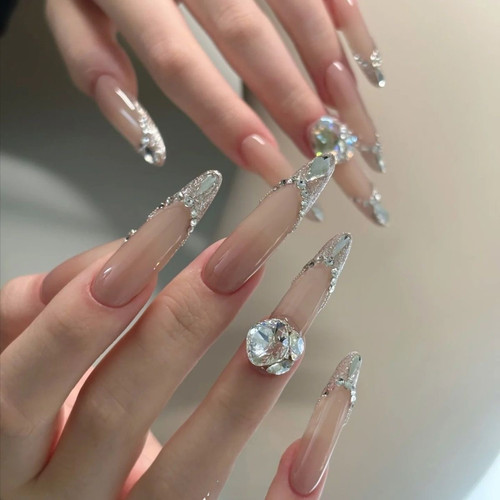 冰透手工穿戴甲超长轻奢高级感假指甲闪钻纯手工美甲贴片成品裸色