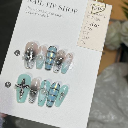 纯手工【薄荷海盐】金属鎏金辣妹酷辣渐变绿色克罗心手工穿戴甲