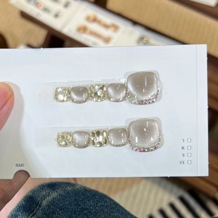 纯手工光疗脚甲猫眼亮片脚趾甲显白奶茶猫眼绿色大亮片穿戴甲