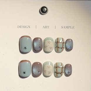 纯手工穿戴甲小红书爆款 猫眼手绘格子指甲片美甲 ins风秋冬款