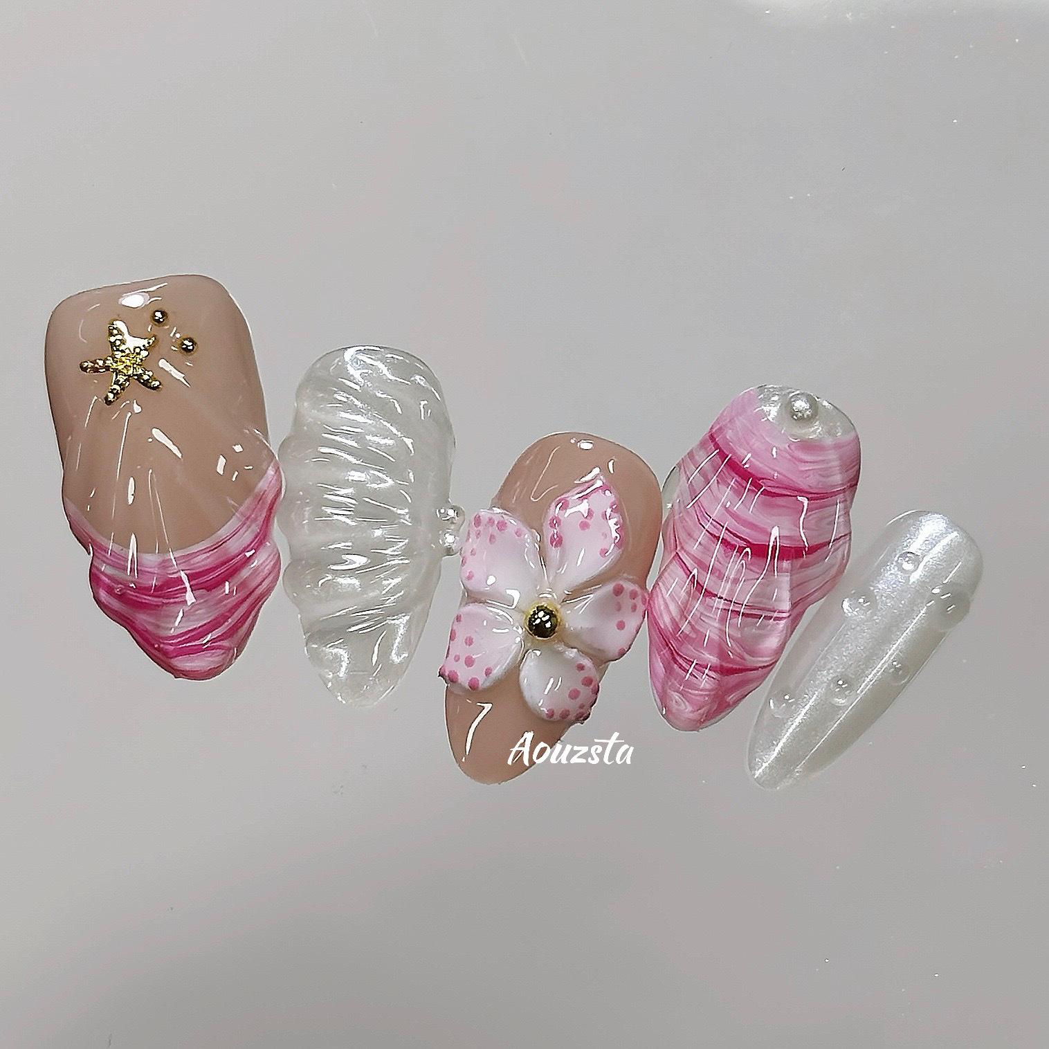 纯手工立体雕花拉丝晕染贝壳纹法式杏仁甲欧美风手工穿戴甲假指甲