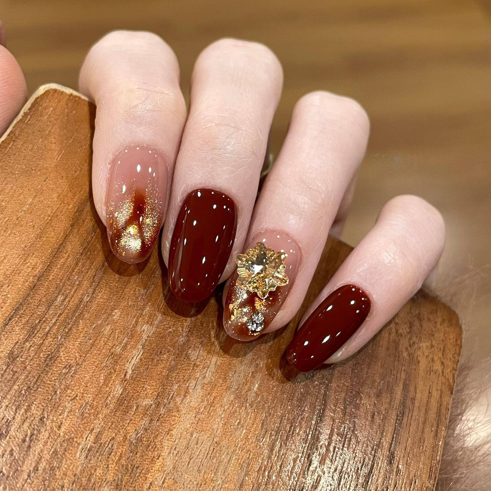 ins风星锆晕染焦糖色奢华猫眼纯手工穿戴甲短款显白高级感美甲贴,彩妆/香水/美妆工具,穿戴甲/甲片,淘宝优惠券,粉丝福利购,淘宝优惠卷