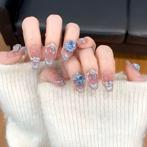 【海洋之心】纯手工穿戴甲春夏爆闪钻美甲法式显白轻奢风甲片高级