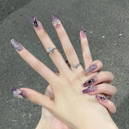 手工美甲穿戴甲假指甲贴片美甲贴片成品梦幻星云紫蝴蝶仙女美甲