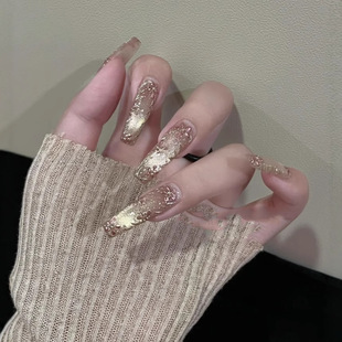 纯手工穿戴甲猫眼透亮重工手绘立体魔镜粉花花玻璃珠美甲贴片成品