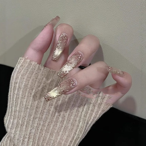 纯手工穿戴甲猫眼透亮重工手绘立体魔镜粉花花玻璃珠美甲贴片成品