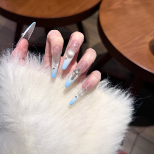 蓝色渐变法式 精品显白美甲贴片假指甲 ins风猫眼纯手工穿戴甲长款