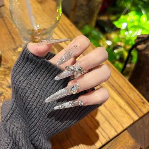 银河幽梦纯手工穿戴甲法式猫眼闪钻蝴蝶结轻奢显白高级千金美甲