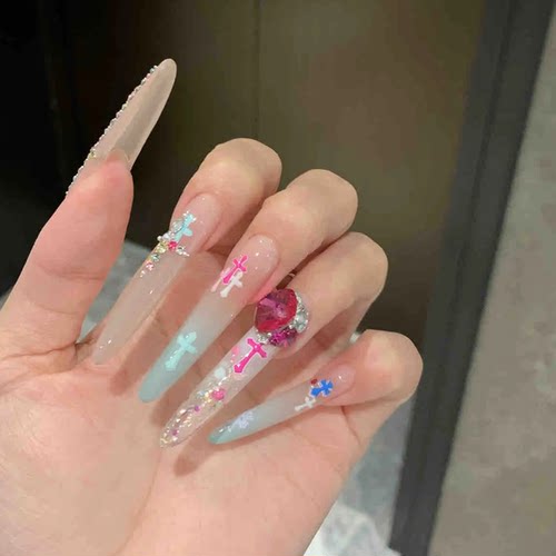 【彩钻克罗】甜酷辣妹超高级爆闪碎钻五彩十字架纯手工美甲穿戴甲