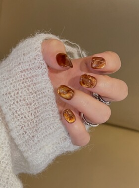 【吣珀】金棕色流光猫眼琥珀晕染纯手工穿戴甲高级感显白爆闪短甲