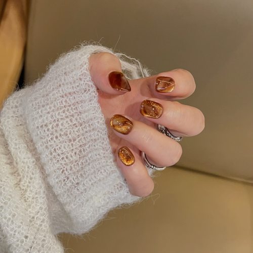 【吣珀】金棕色流光猫眼琥珀晕染纯手工穿戴甲高级感显白爆闪短甲