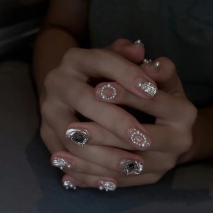 珍珠巴洛克手工魔镜粉珍珠锆石穿戴甲轻奢气质短款 氛围感穿戴美甲