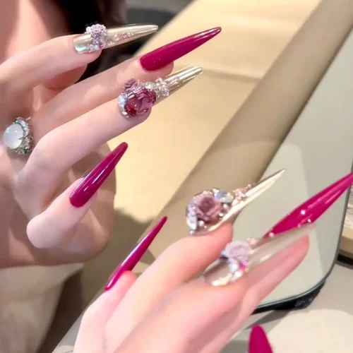 纯手工美甲穿戴甲富家千金感玫红色魔镜粉爆闪碎钻长款美甲显白