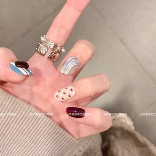 纯手工穿戴甲蓝白条纹甜酷个性 ins猫眼条纹立体爱心手绘爆闪美甲
