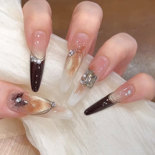 【焦糖果酱】新款金秋气质风爆闪猫眼琥珀晕染法式堆钻穿戴甲