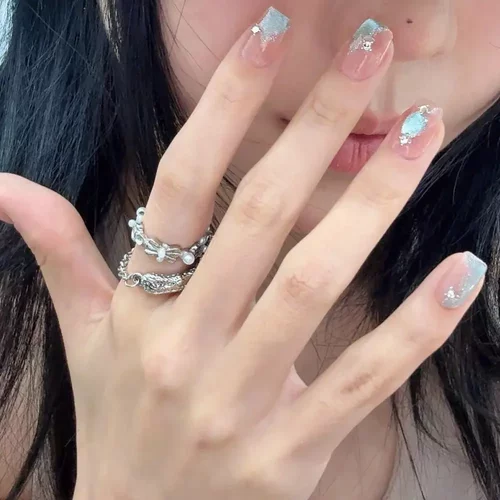 纯手工穿戴甲夏日璀璨星河清透高级感爆闪蓝眼泪ins可卸辣妹美甲