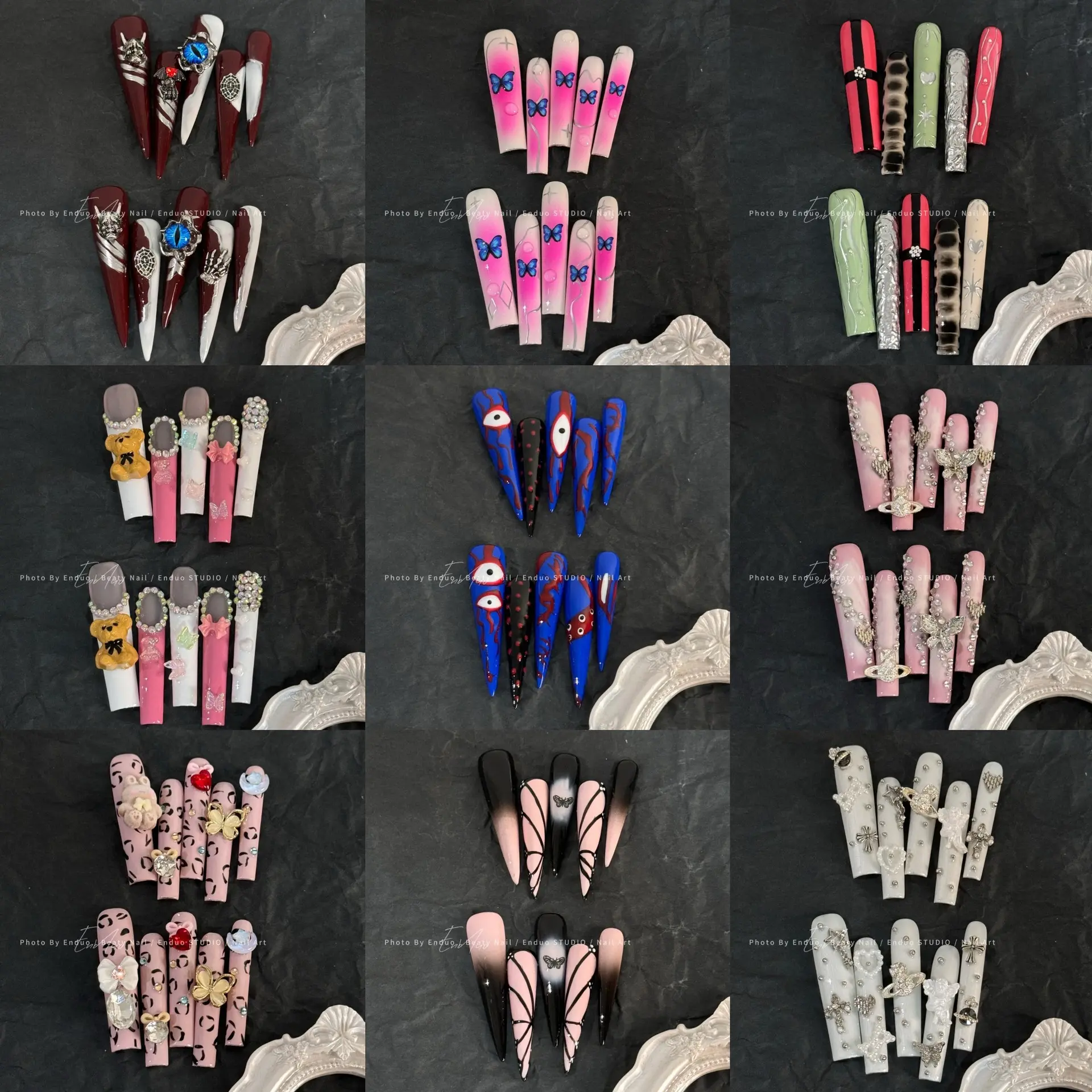 【超长手工穿戴甲】欧美风超长款朋克酷飒鳄鱼纹魔镜粉可拆卸穿戴