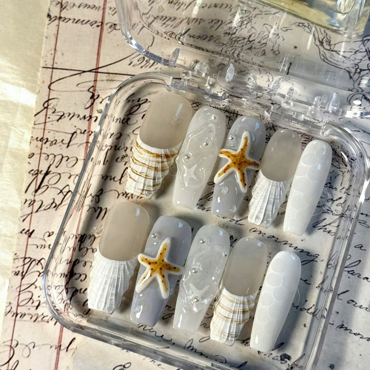 【海星派对】夏季纯手工穿戴甲高级感手绘立体浮雕海纹美甲成品贴